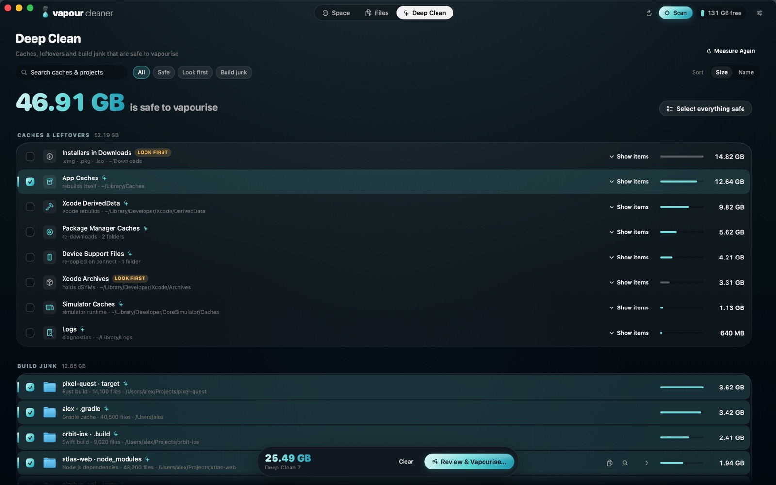 Deep Clean: 46.91 GB safe to vapourise, App Caches and build folders selected.